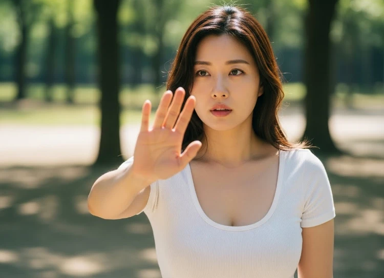 외부 위험으로부터 몸을 보호하는 한국 여성