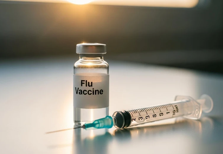 독감 백신 바이알과 주사기 클로즈업