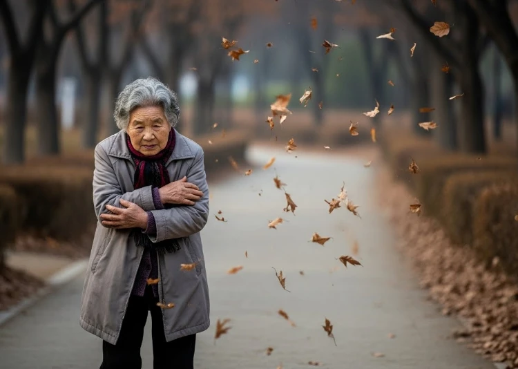 가을 길에서 얇은 옷깃을 여미는 한국인 노년 여성