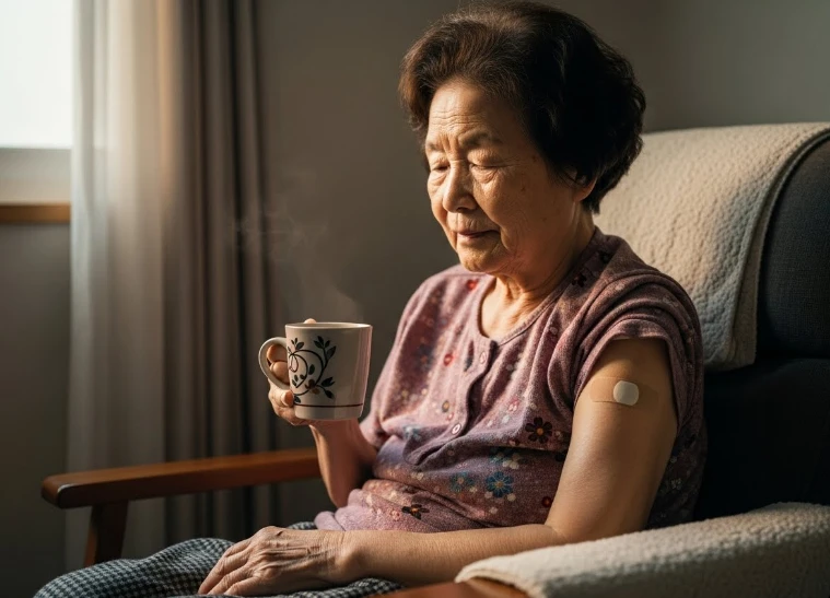 팔에 밴드를 붙이고 휴식을 취하는 한국인 노년 여성