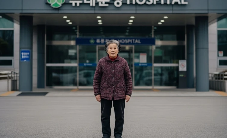 병원 출입구 앞에서 안심하는 표정의 한국인 노년 여성