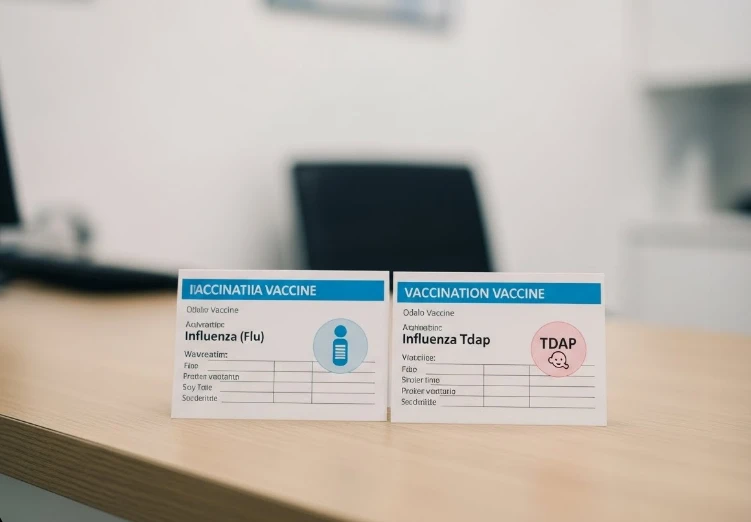 독감 및 Tdap 백신 접종 기록 카드가 놓인 이미지