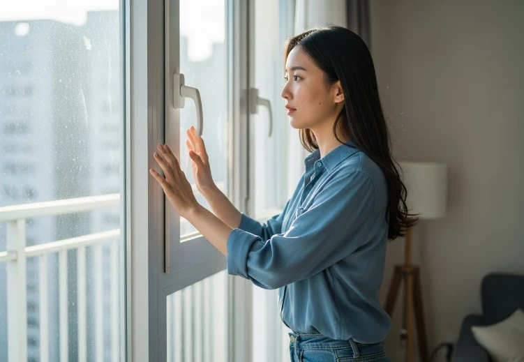 집에서 창문 열고 환기하는 20대 한국 여성