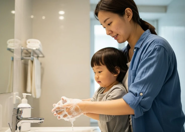 아이와 함께 흐르는 물에 손 씻는 한국인 엄마