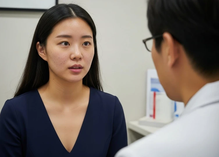 과거 알레르기 경험에 대해 의사와 진지하게 상담하는 한국 여성