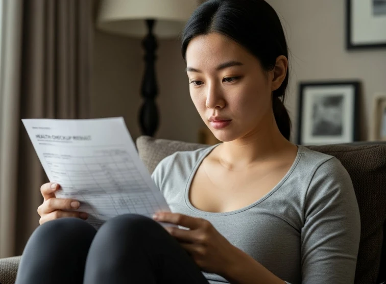집에서 건강검진 결과지를 꼼꼼히 분석하는 한국 여성