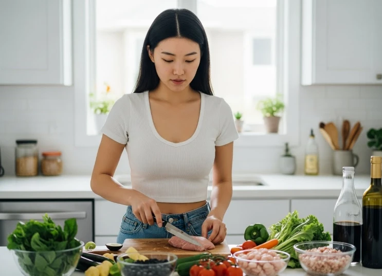 주방에서 통곡물과 채소를 손질하며 요리하는 한국 여성