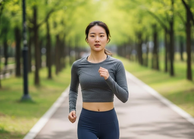 공원에서 유산소 운동(조깅)하는 20대 한국 여성