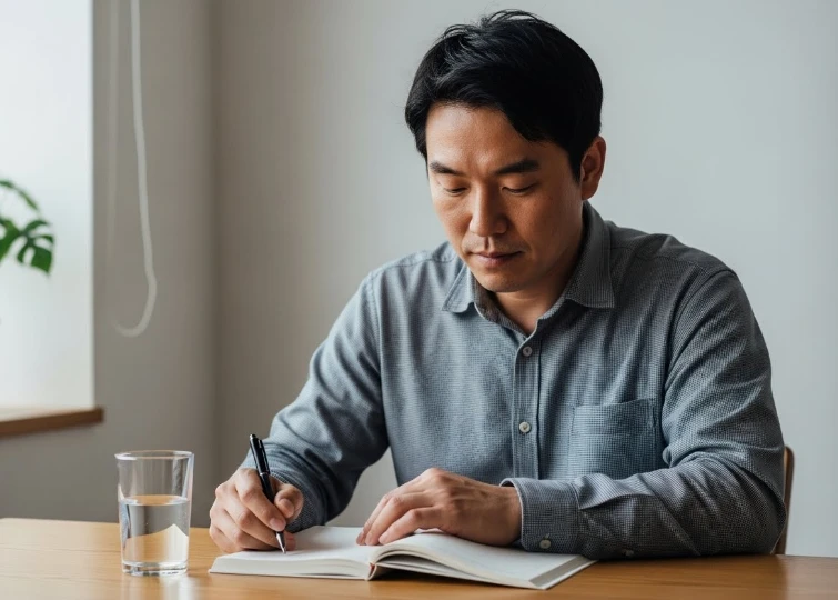 술 대신 물을 마시며 휴식하는 건강한 한국 남성