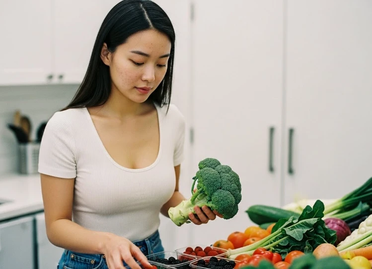 다양한 색깔의 채소와 과일을 고르는 한국 여성