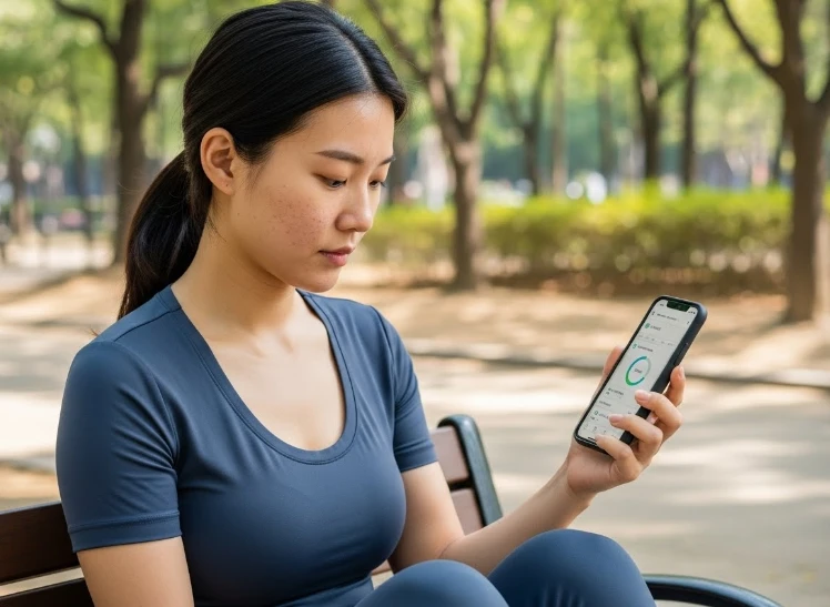 체중 관리를 위해 건강 앱을 확인하는 30대 한국 여성