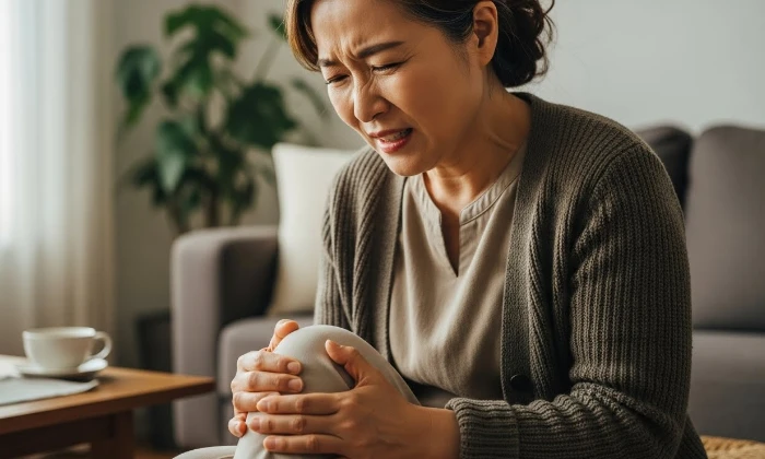 무릎 통증으로 인해 앉아 있는 중장년층 여성이 무릎을 잡고 있는 모습