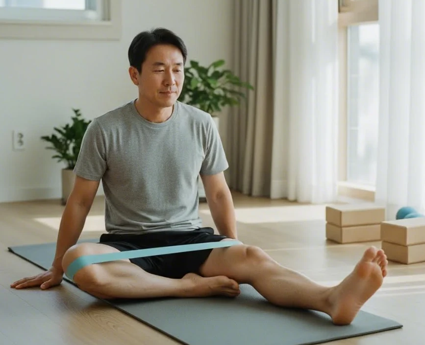 앉아서 허벅지 근육을 수축하는 아이소메트릭 운동을 하는 중장년층 한국 남성