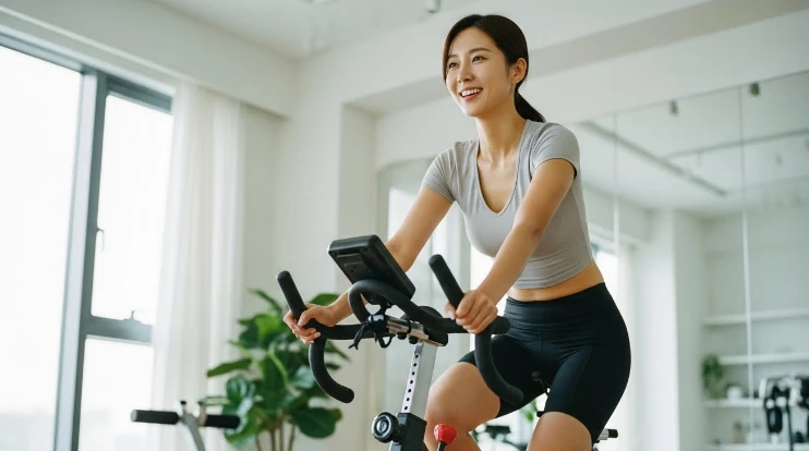자전거 타기 운동을 하는 중년 한국 여성의 건강하고 활기찬 모습