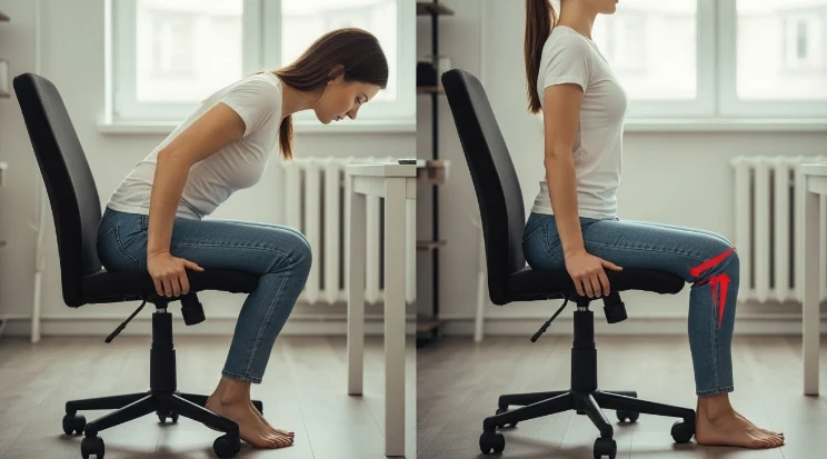 의자에 바르게 앉은 자세와 잘못된 자세 비교