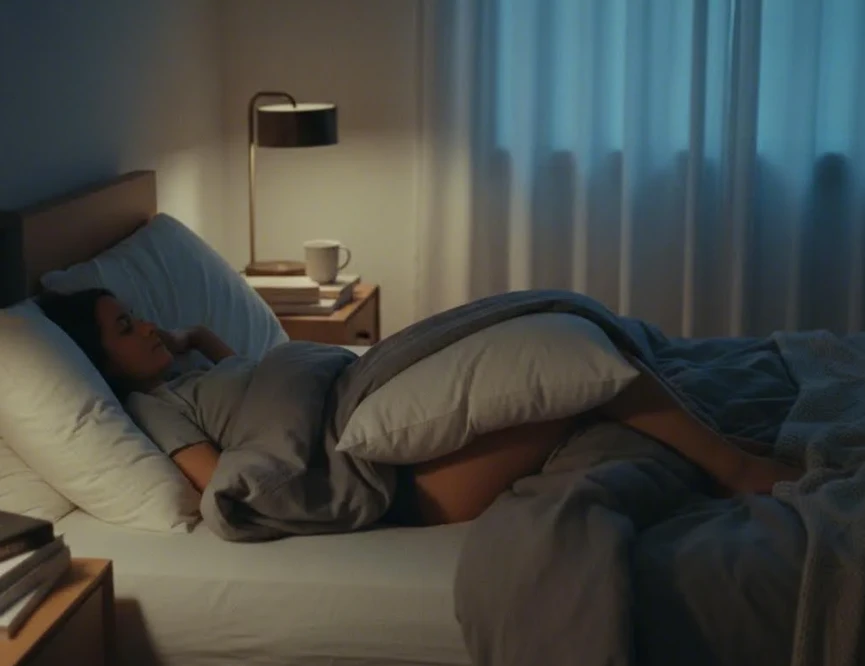 옆으로 누워 무릎 사이에 베개를 낀 모습