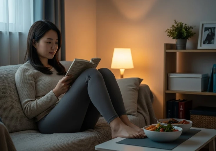 밤에 독서를 하며 야식 충동을 억제하는 모습