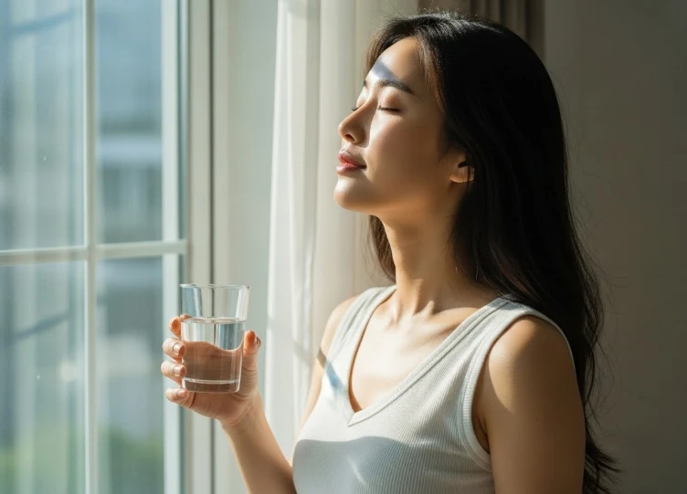 기상 후 햇빛을 쬐는 여성