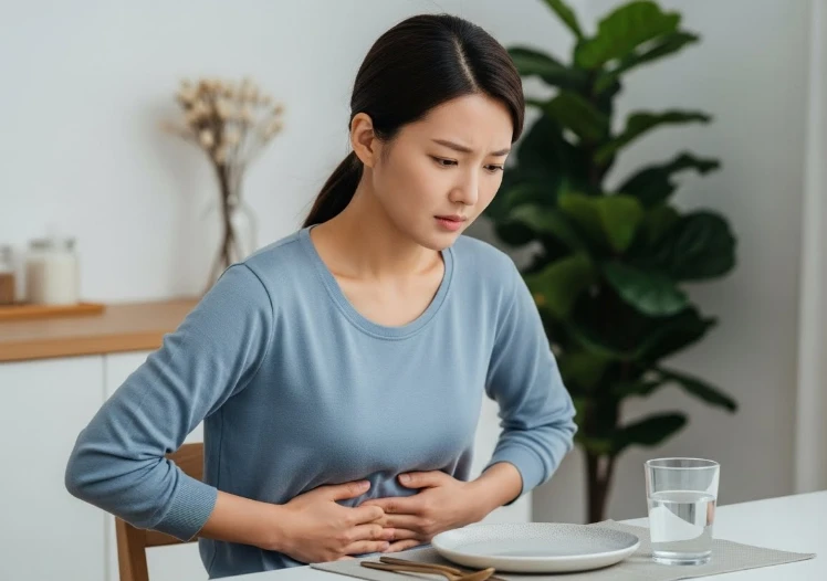 소화 불량으로 속을 부여잡고 있는 한국 여성