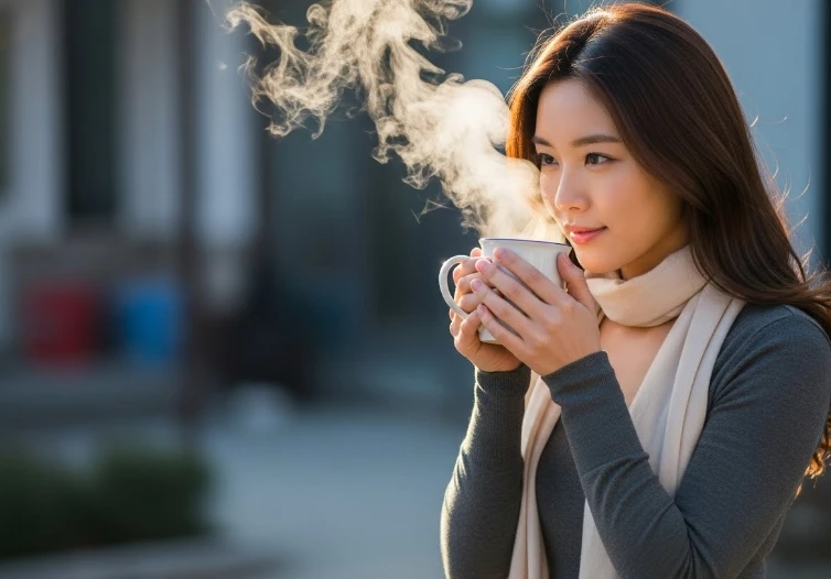 미지근한 물을 마시며 편안해하는 한국 여성