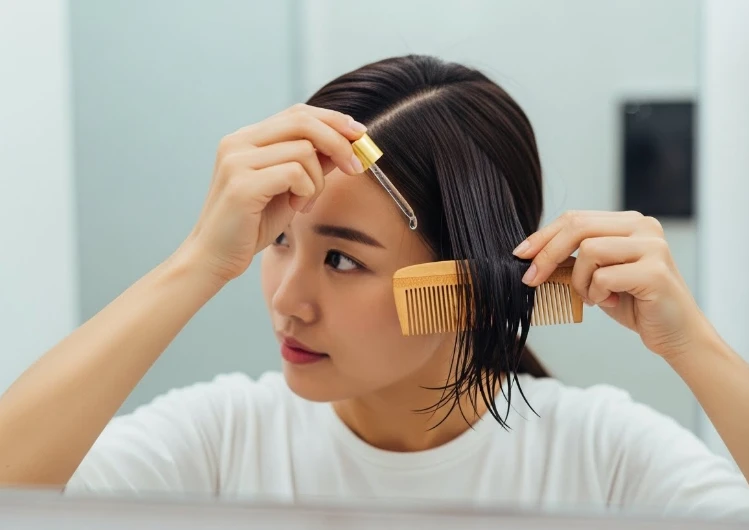 나무 빗과 헤어 에센스 오일을 사용하는 한국 여성