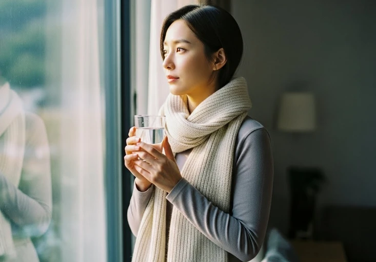 스카프를 두르고 따뜻한 물을 마시는 한국 여성