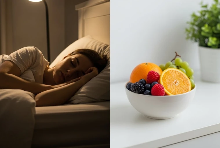 잠자리에 든 사람과 비타민이 풍부한 음식이 있는 테이블