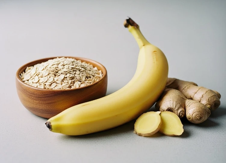 바나나, 귀리, 생강이 함께 놓인 모습