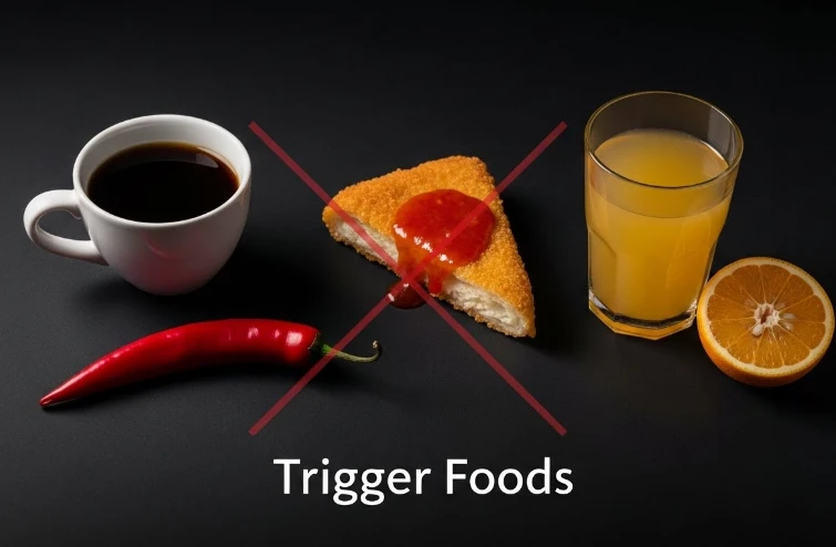 커피, 고추, 튀긴 음식, 토마토 등 위산 유발 식품을 X표시로 가린 모습