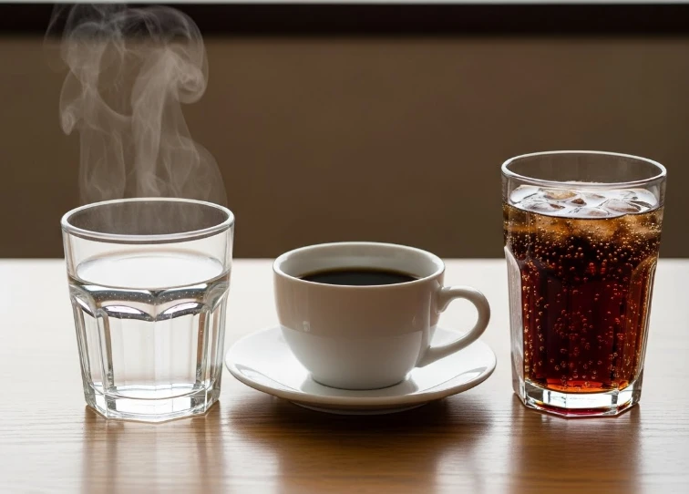 미지근한 물과 커피, 탄산음료를 대비하여 보여주는 이미지