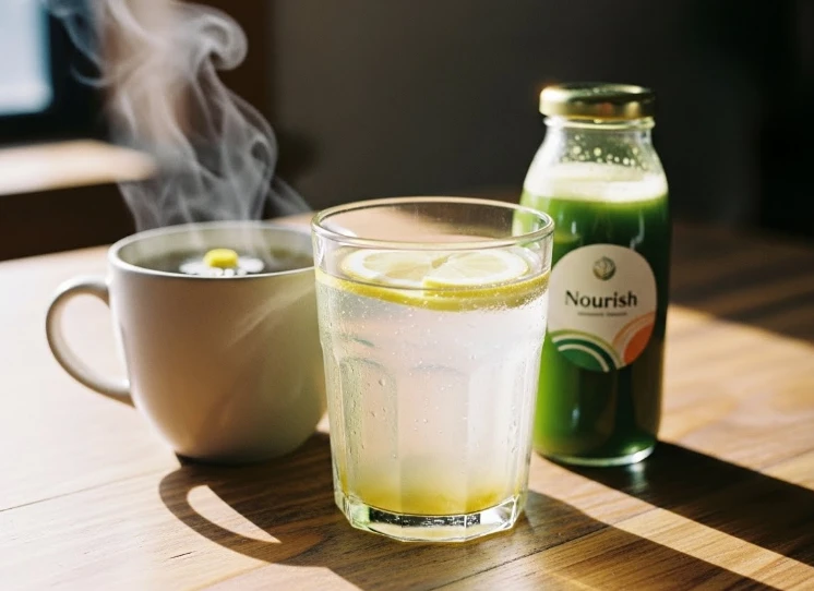 양배추즙, 캐모마일차, 당근주스를 함께 놓은 모습