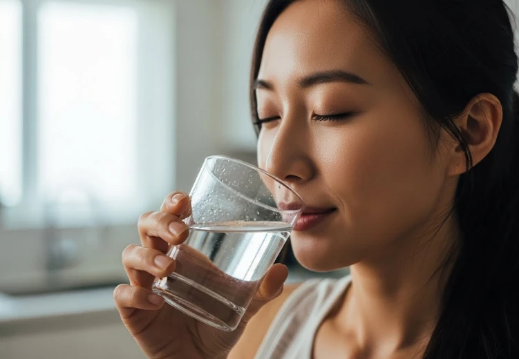 물 한 잔을 마신 후 상쾌하게 웃는 여성의 모습