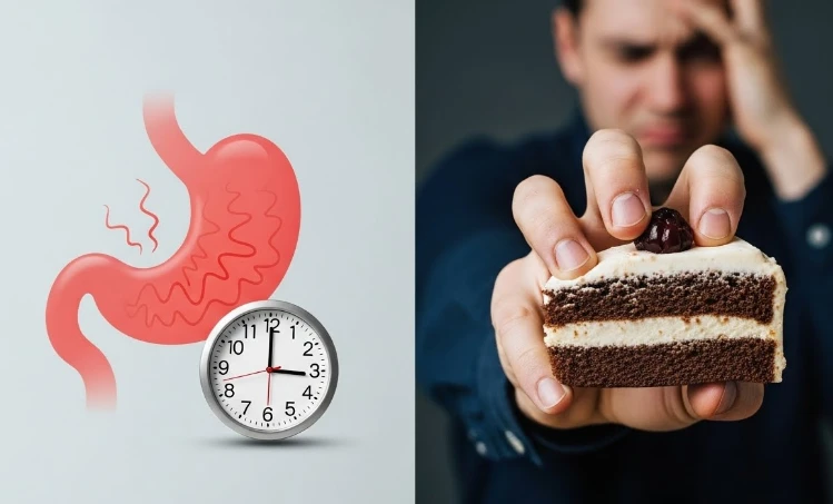 시계와 케이크 조각을 대비하여 보여주는 이미지