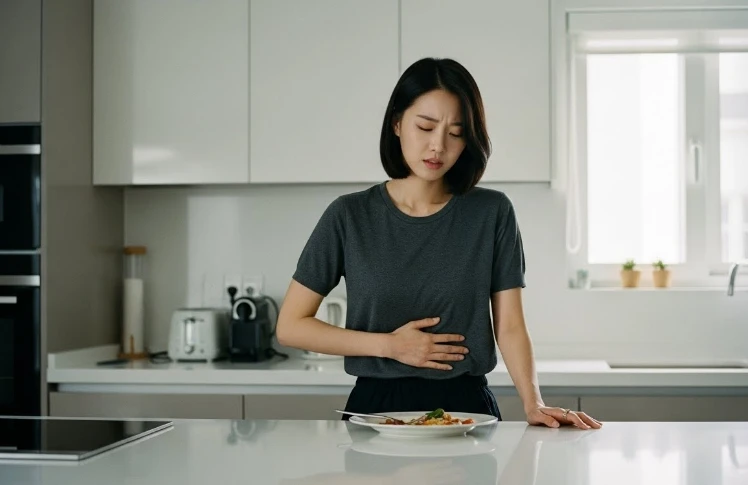 식사 후 명치 부근의 불편함을 느끼는 모습