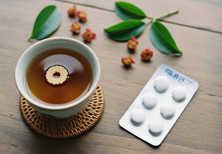 식탁 위에 놓인 매실차와 소화제 알약