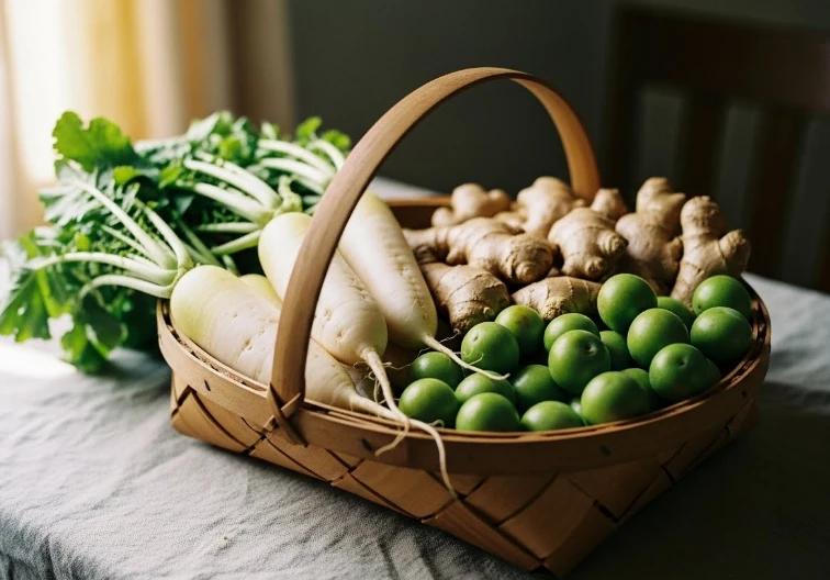 신선한 무와 매실 그리고 생강이 놓인 바구니