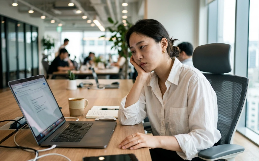 책상 앞에서 피곤해하는 사무실 여성