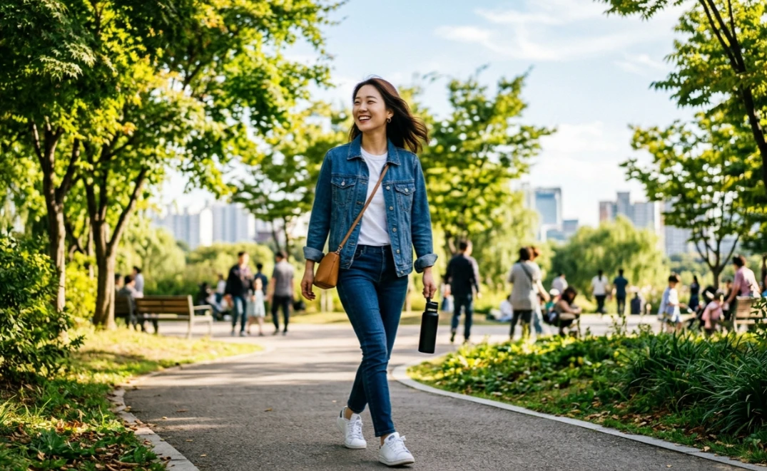 공원에서 햇빛을 받으며 산책하는 여성