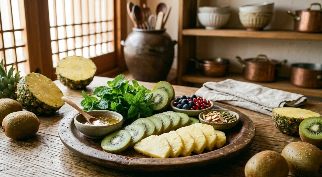 도마 위에 놓인 파인애플과 키위 생과일