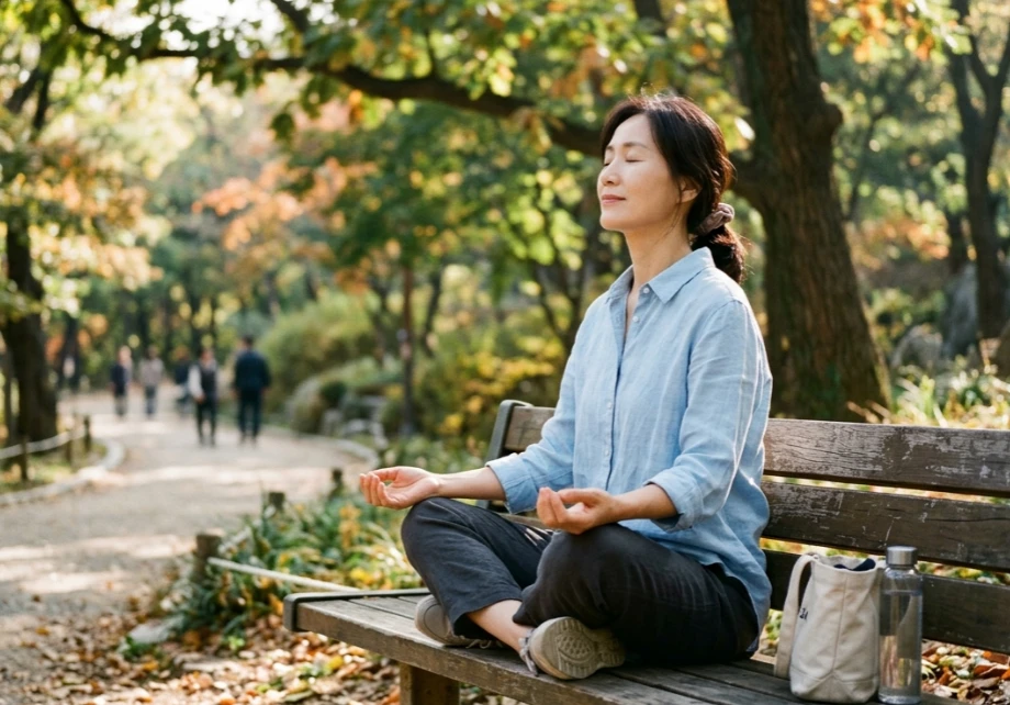 공원에서 깊은 복식 호흡을 하는 한국 여성
