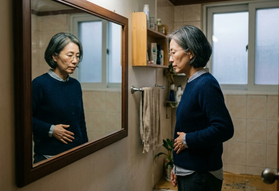 거울을 보며 중년 뱃살을 걱정하는 모습