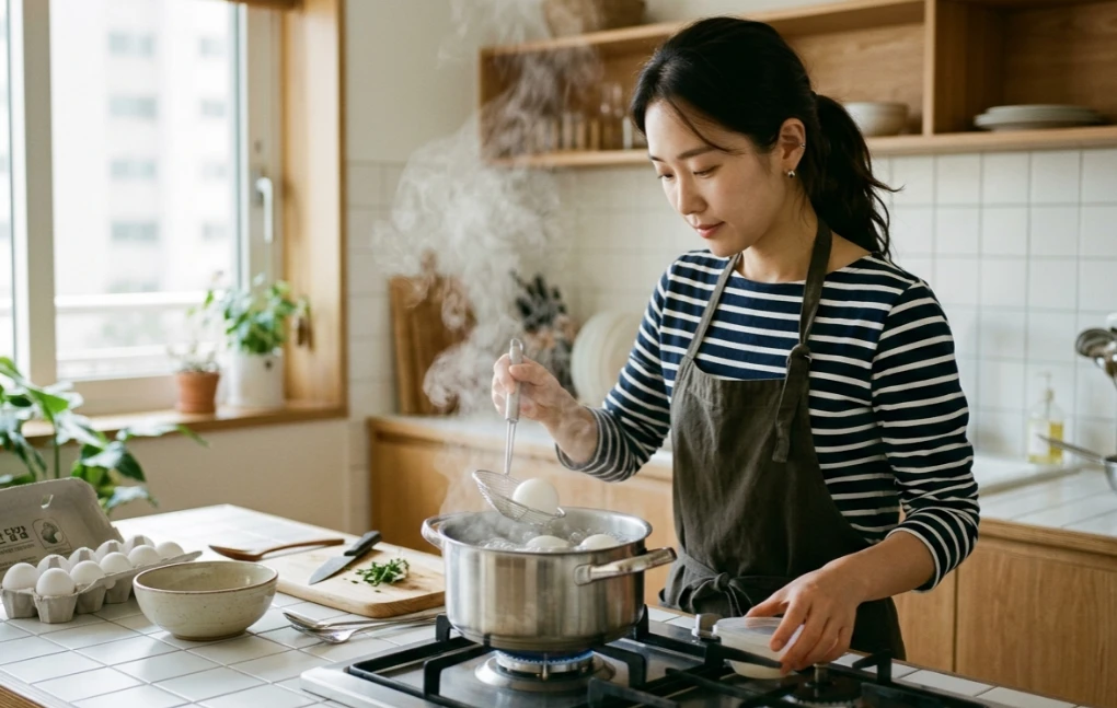 주방에서 달걀을 삶는 모습