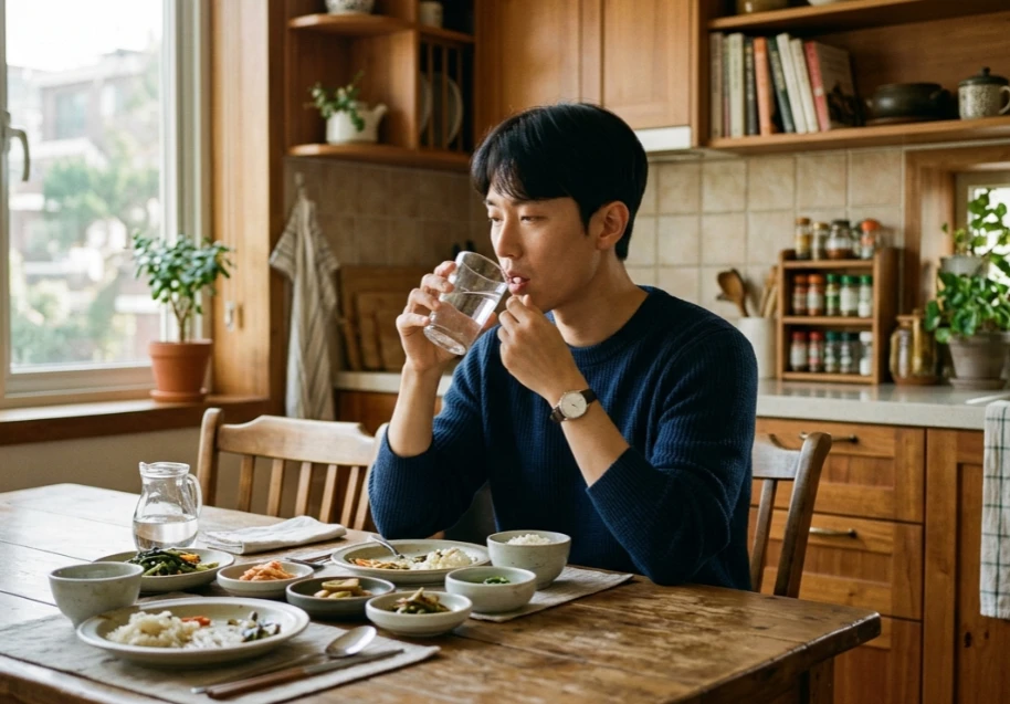식사 후 적절하게 영양제를 섭취하는 장면