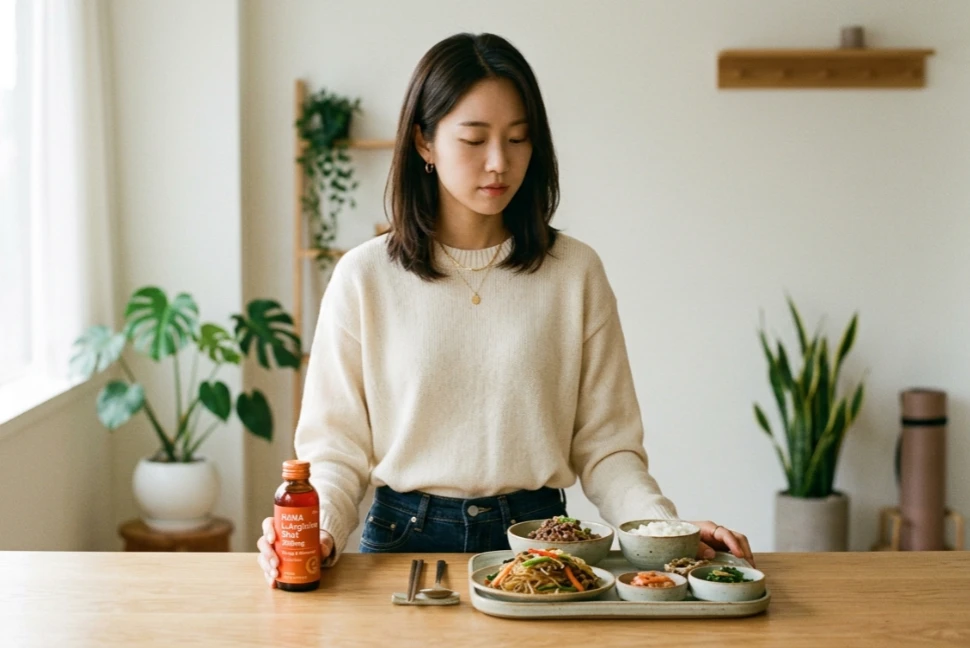 식사와 아르기닌 섭취를 고민하는 모습