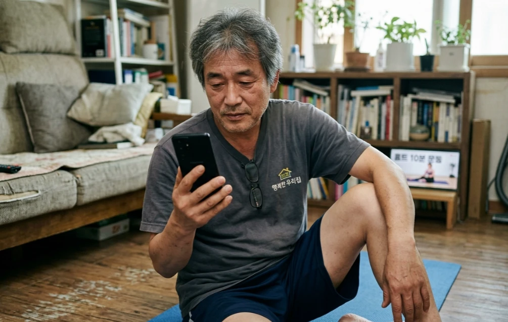 스마트폰을 보며 운동 동작을 흉내 내는 한국인 남성