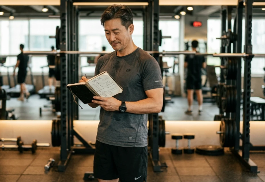 운동 기구 앞에서 고민하며 계획을 수정하는 50대 한국인 남성