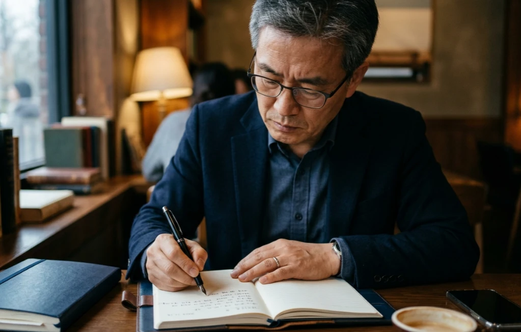 다이어리를 펴고 통제 가능한 문제를 정리하는 한국인 남성