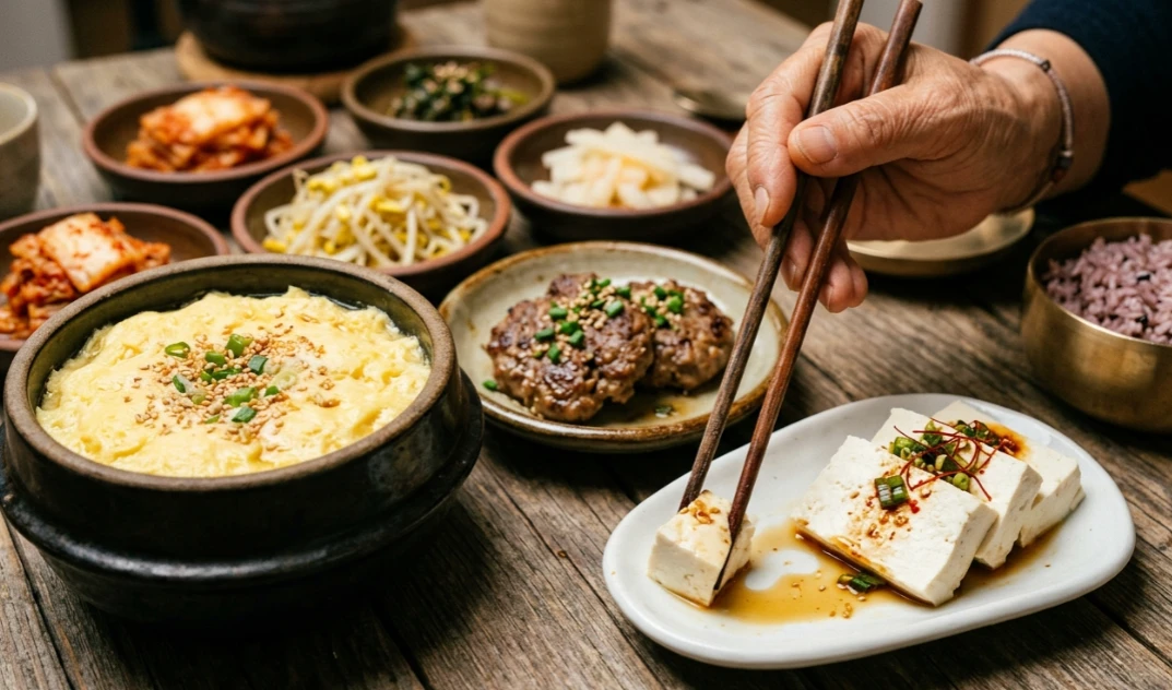 부드러운 두부와 달걀찜 요리를 먹는 어르신