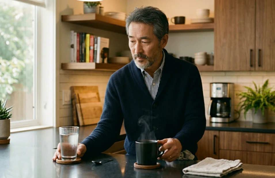 김이 모락모락 나는 머그잔을 바라보는 모습